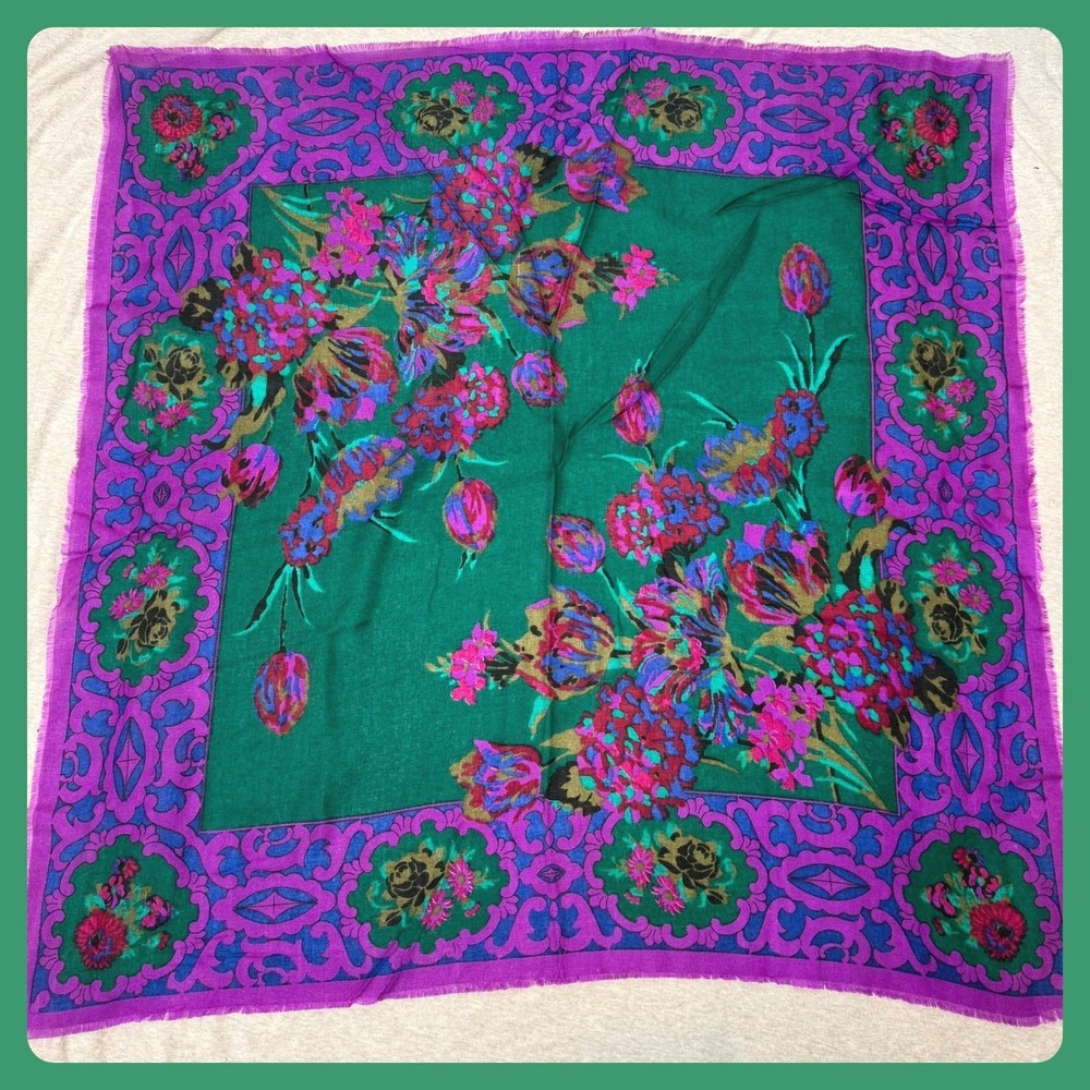 Vintage VTG Challis by‎ Berkshire Scarf Floral Purple Green Bright Boho